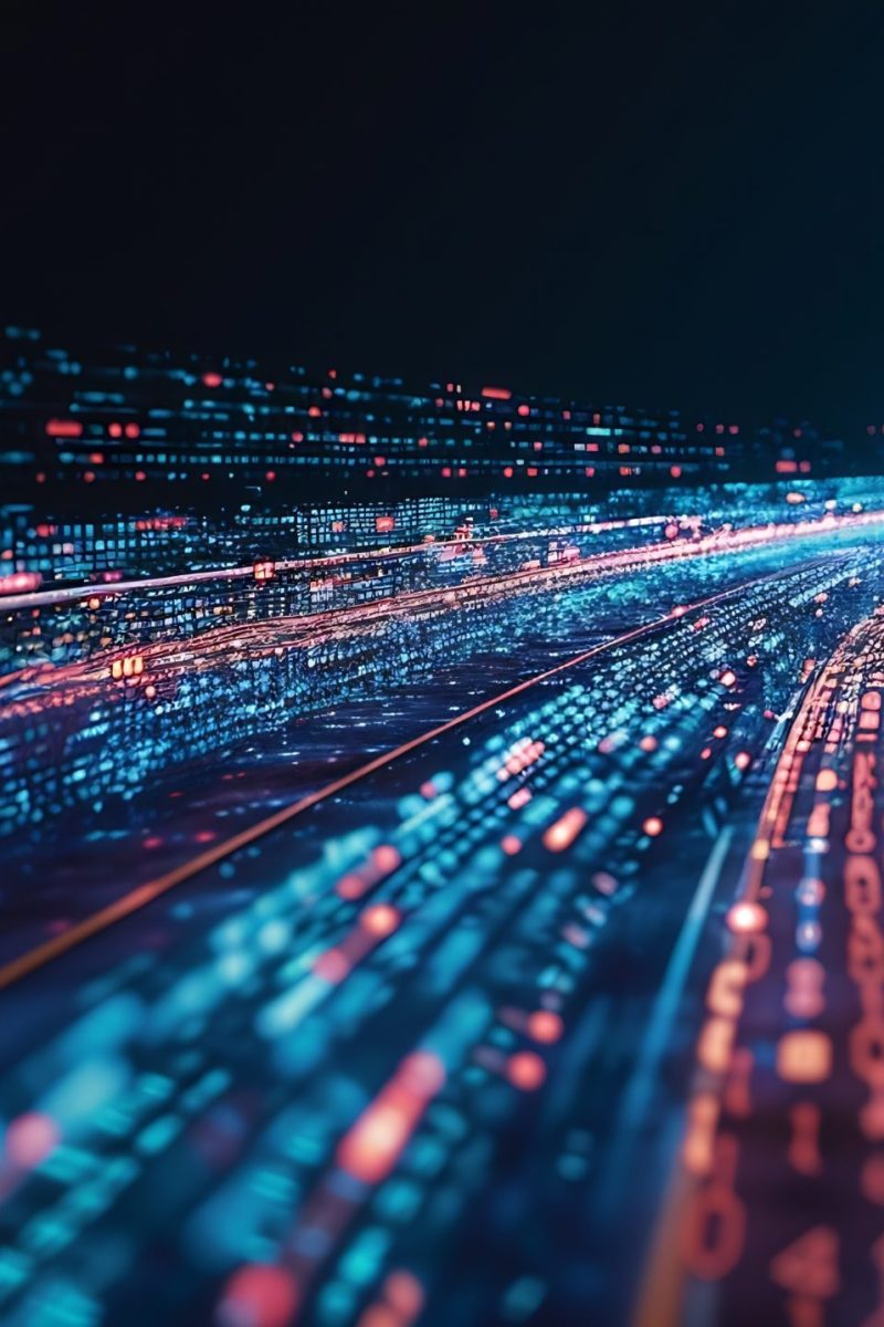 Digital data flow on road in concept of cyber global communication and coding with graphic creating vision of fast speed transfer to show agile digital transformation  disruptive innov : Generative AI