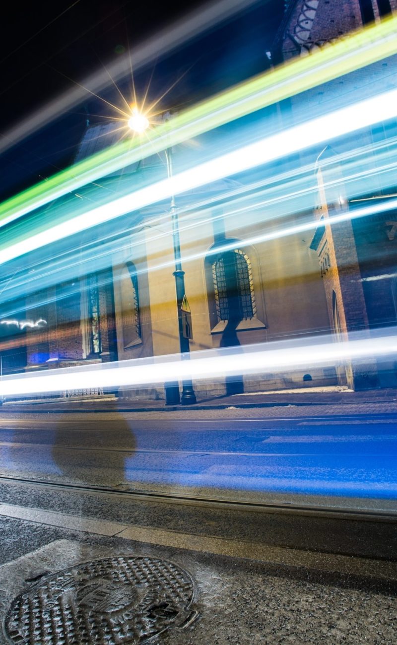 Traffic,Lights,In,Long,Time,Exposure.,Speeding,Tramway,And,Cars